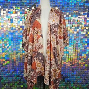 Maurices Patchwork Floral Kimono Cardigan Duster Orange Brown One Size‎